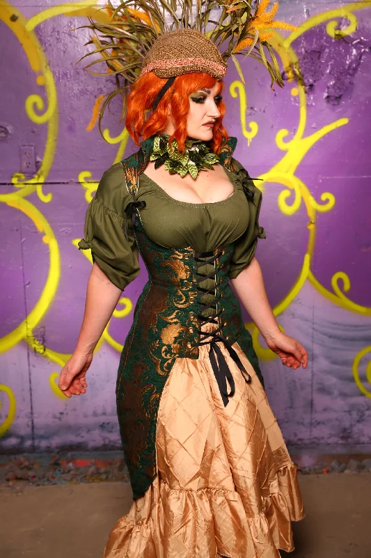 Peacock Vixen Corset in Emerald & Gold Medallion #23 - Moss & Maple Collection