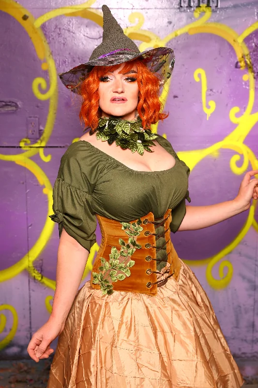 Petite Wench Corset in Harvest Gold Velvet w/ Leaf Embroidery #25 - Moss & Maple Collection