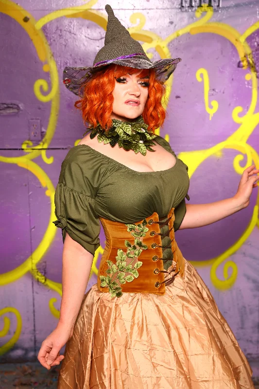 Petite Wench Corset in Harvest Gold Velvet w/ Leaf Embroidery #25 - Moss & Maple Collection