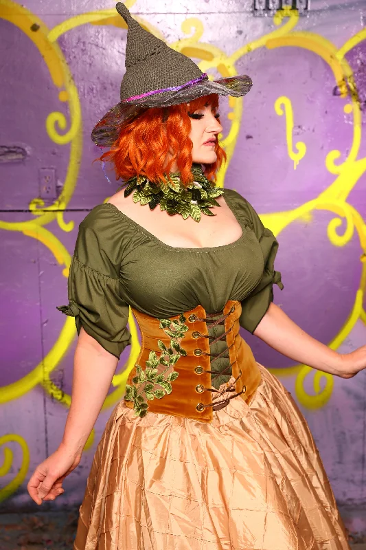 Petite Wench Corset in Harvest Gold Velvet w/ Leaf Embroidery #25 - Moss & Maple Collection