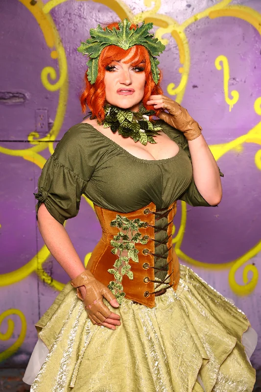 Wench Corset in Harvest Gold Velvet w/ Leaf Embroidery #43 - Moss & Maple Collection