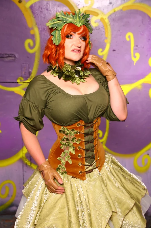 Wench Corset in Harvest Gold Velvet w/ Leaf Embroidery #43 - Moss & Maple Collection