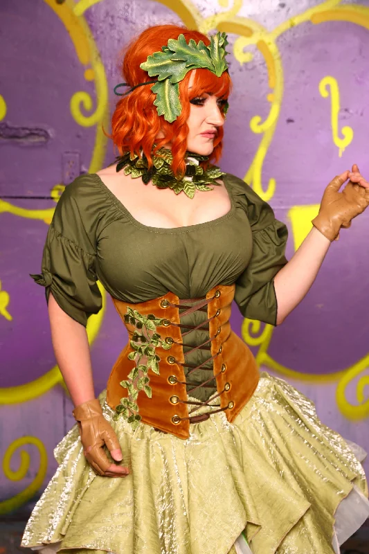 Wench Corset in Harvest Gold Velvet w/ Leaf Embroidery #43 - Moss & Maple Collection