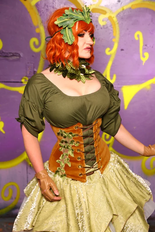 Wench Corset in Harvest Gold Velvet w/ Leaf Embroidery #43 - Moss & Maple Collection