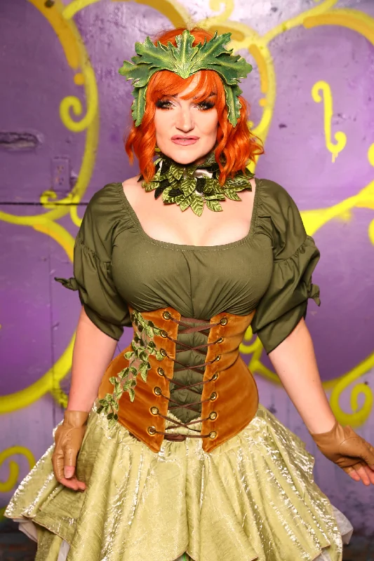 Wench Corset in Harvest Gold Velvet w/ Leaf Embroidery #43 - Moss & Maple Collection