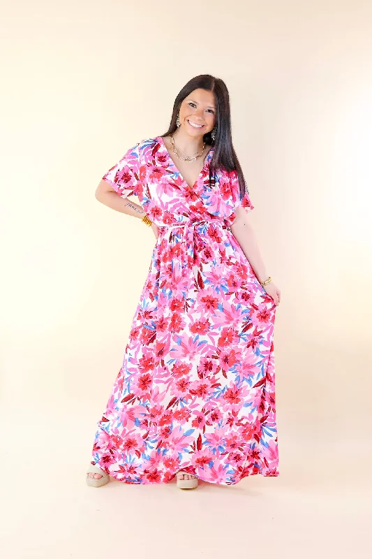 Delightful Dip Floral Maxi Dress with Waist Tie in Pink Mix