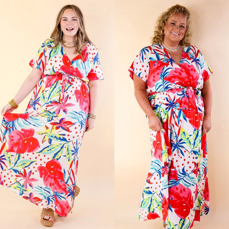 Delightful Dip Tropical Floral Maxi Dress with Waist Tie in White