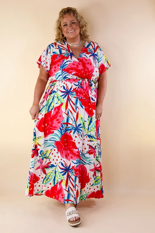 Delightful Dip Tropical Floral Maxi Dress with Waist Tie in White