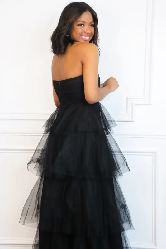 Fairytale State of Mind Tiered Tulle Maxi Dress: Black