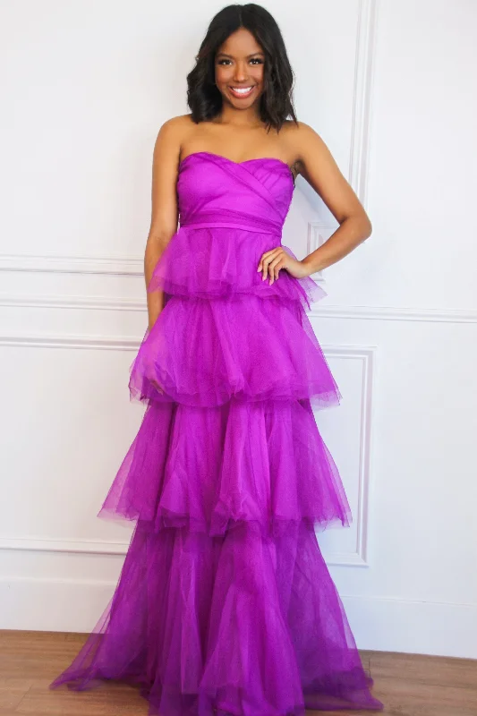 Fairytale State of Mind Tiered Tulle Maxi Dress: Electric Orchid