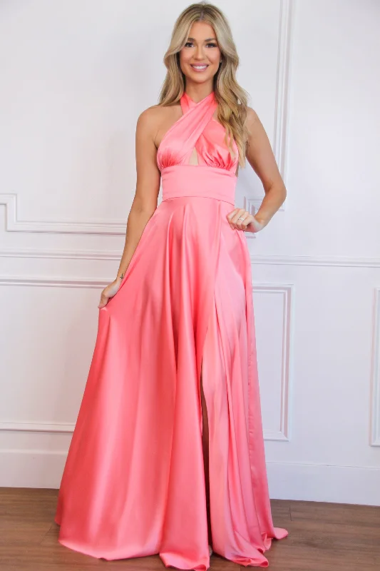 Jaycee Satin Halter Neck Slit Formal Dress: Bright Coral Pink