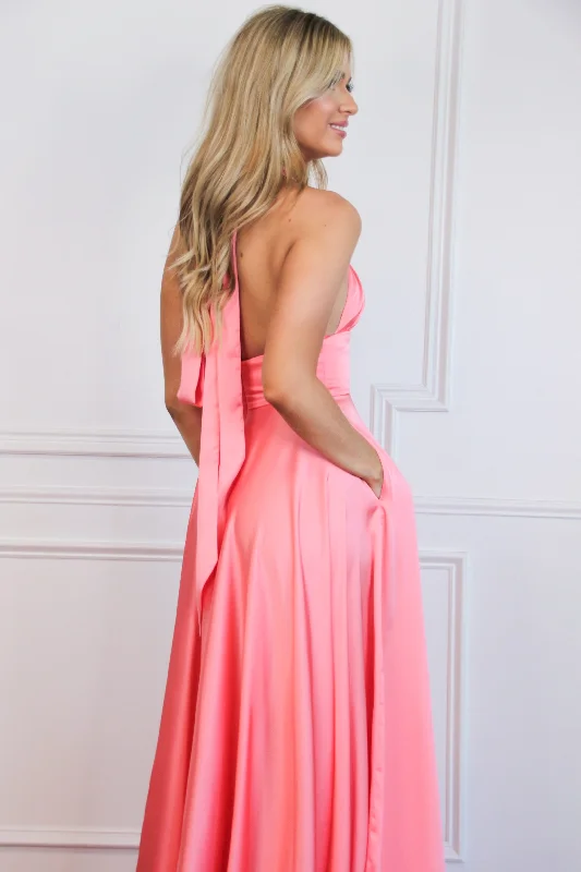 Jaycee Satin Halter Neck Slit Formal Dress: Bright Coral Pink