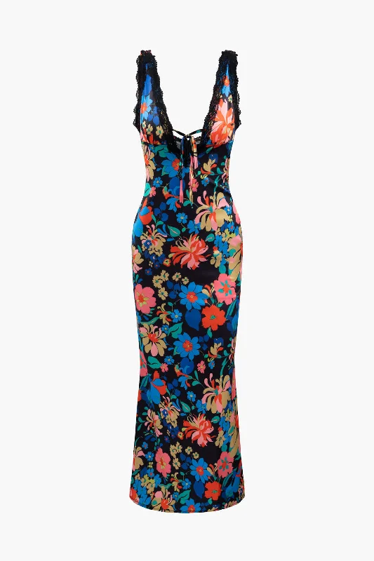 Floral Print Lace Trim V-neck Maxi Dress