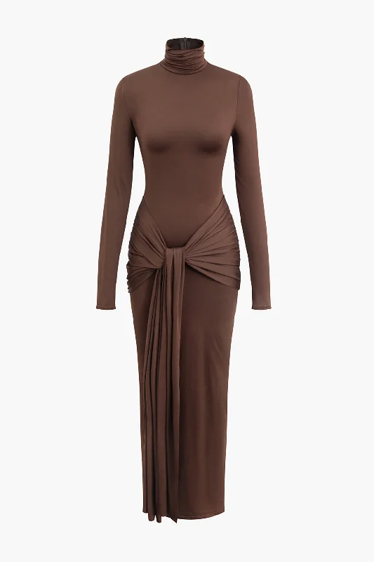 Wrap Ruched High Neck Long Sleeve Maxi Dress