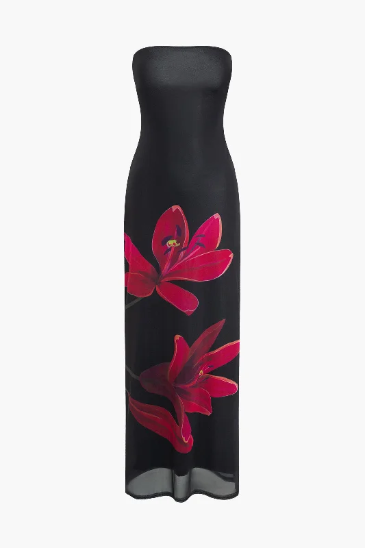 Floral Print Backless Tie Mesh Strapless Maxi Dress