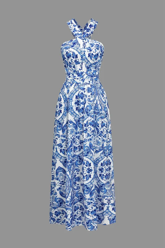 Baroque Print Cross Cut Out Maxi Dress