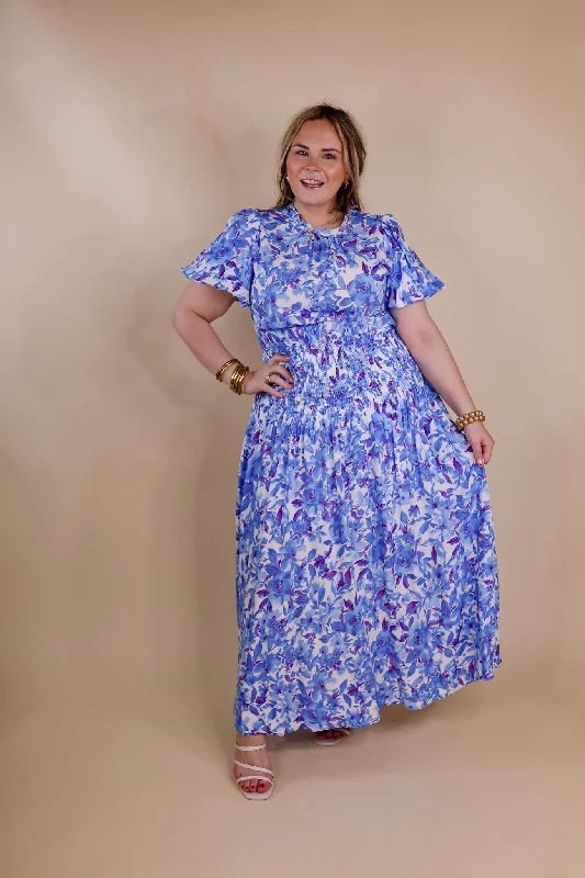 Moonlit Bay Floral High Neck Maxi dress with Smocked Waistline in Blue