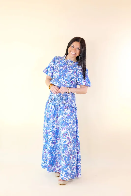 Moonlit Bay Floral High Neck Maxi dress with Smocked Waistline in Blue