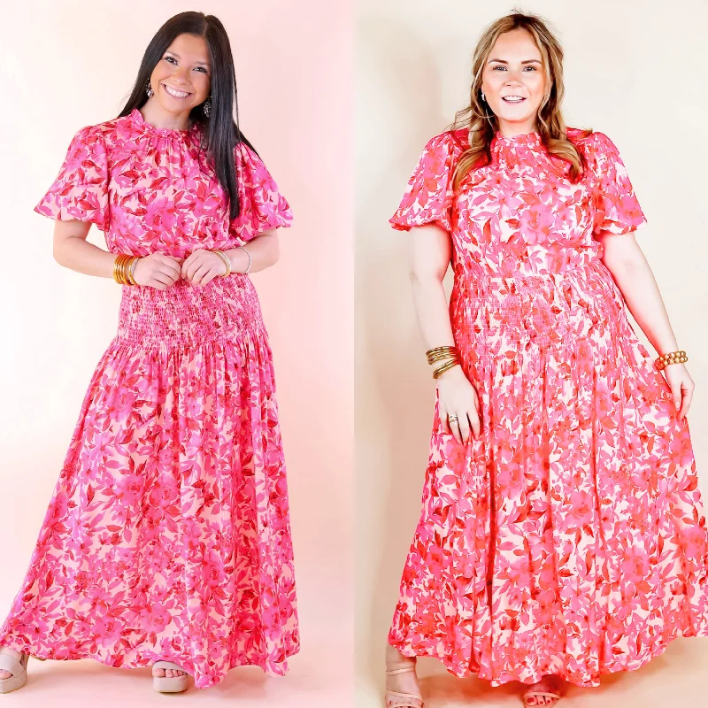 Moonlit Bay Floral High Neck Maxi dress with Smocked Waistline in Pink