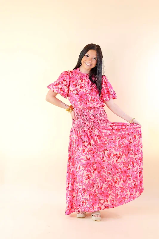 Moonlit Bay Floral High Neck Maxi dress with Smocked Waistline in Pink