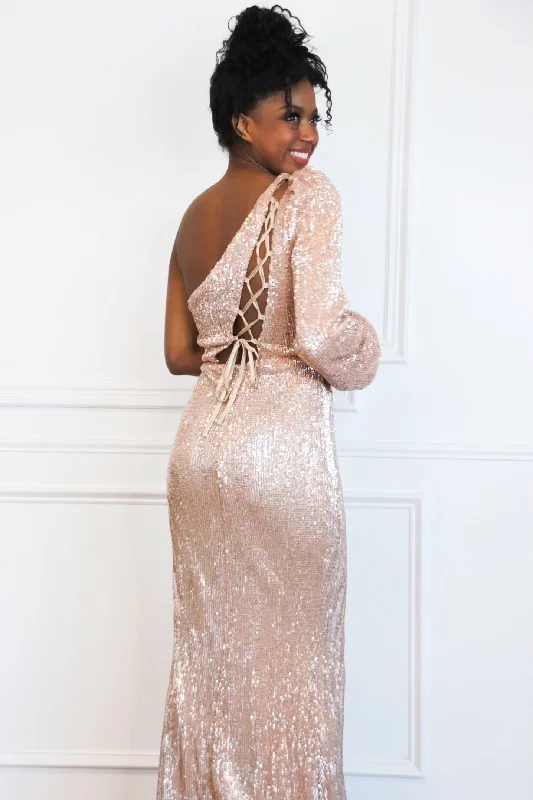 Pippa One Shoulder Sequin Maxi Dress: Rose Gold