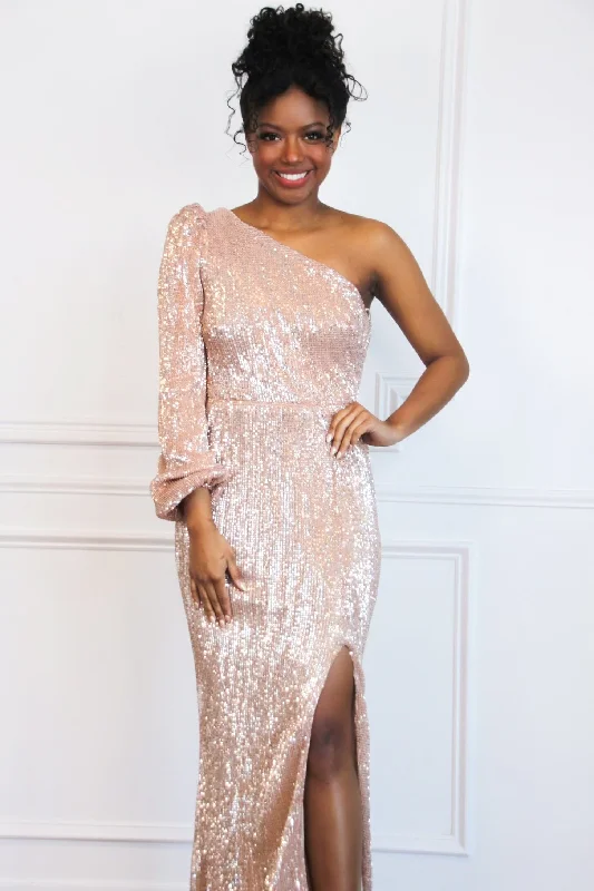 Pippa One Shoulder Sequin Maxi Dress: Rose Gold