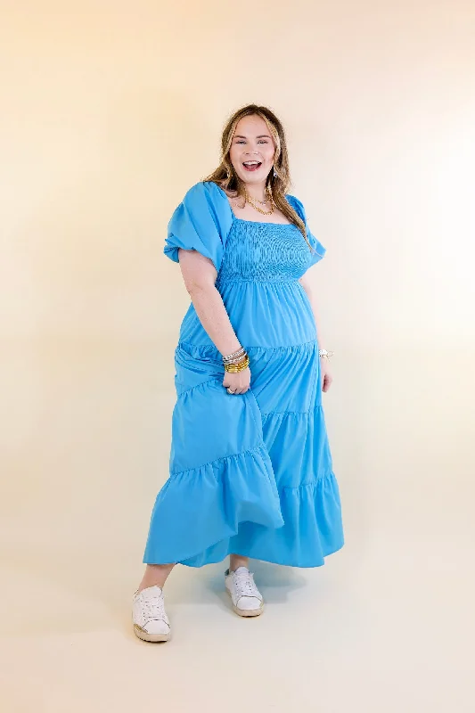 Santorini Sunshine Short Balloon Sleeve Maxi Dress in Blue