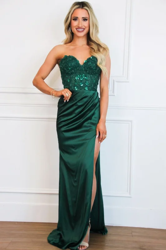 Sutton Satin Lace Bustier Slit Formal Dress: Emerald