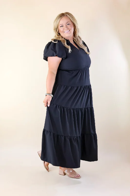 Table for Two Tiered Maxi Dress with Puff Sleeves in Black