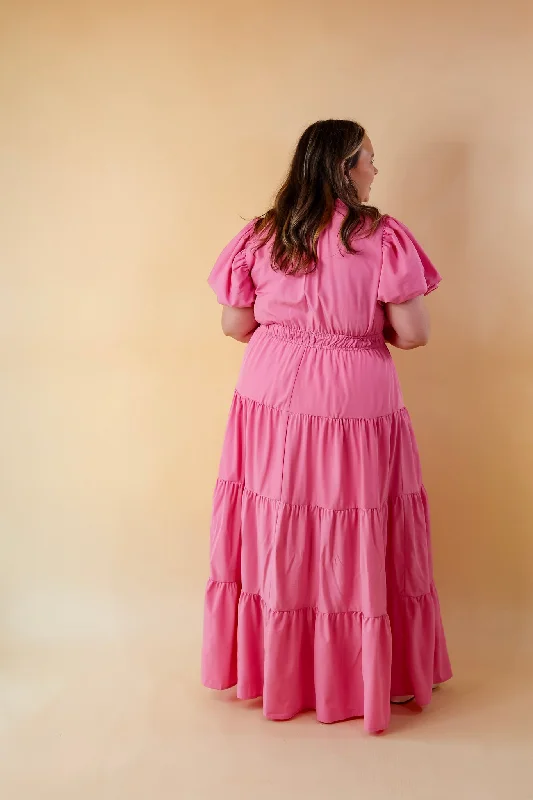 Table for Two Tiered Maxi Dress with Puff Sleeves in Bubblegum Pink