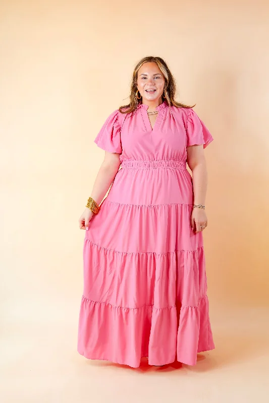 Table for Two Tiered Maxi Dress with Puff Sleeves in Bubblegum Pink