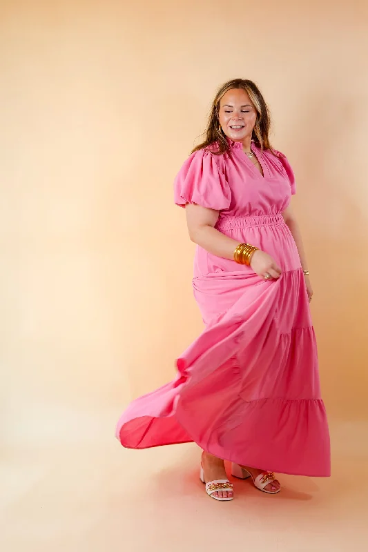 Table for Two Tiered Maxi Dress with Puff Sleeves in Bubblegum Pink