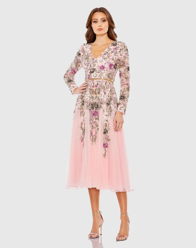 Hand Embellished Floral V Neck Long Sleeve Dress