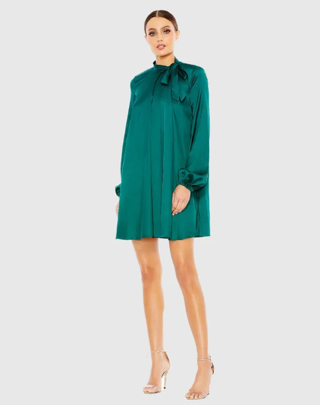 Soft Tie High Neck Pull Sleeve Shirt Dress - FINAL SALE