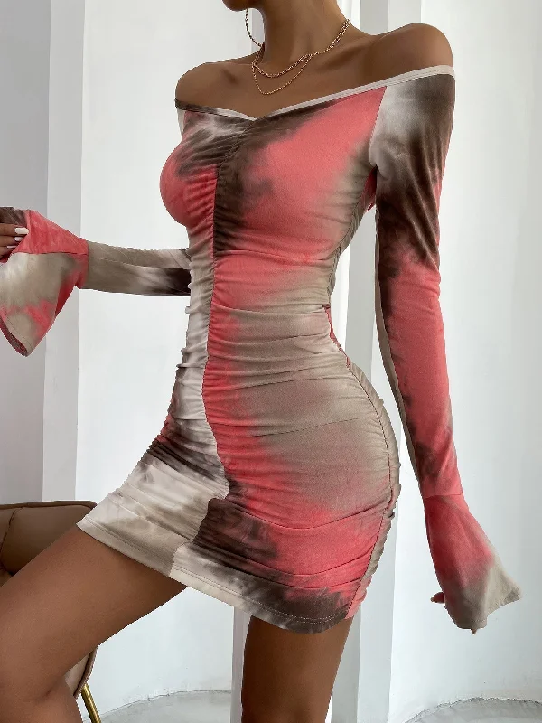 KittenAlarm - Tie Dye Off Shoulder Flounce Sleeve Ruched Bodycon Dress