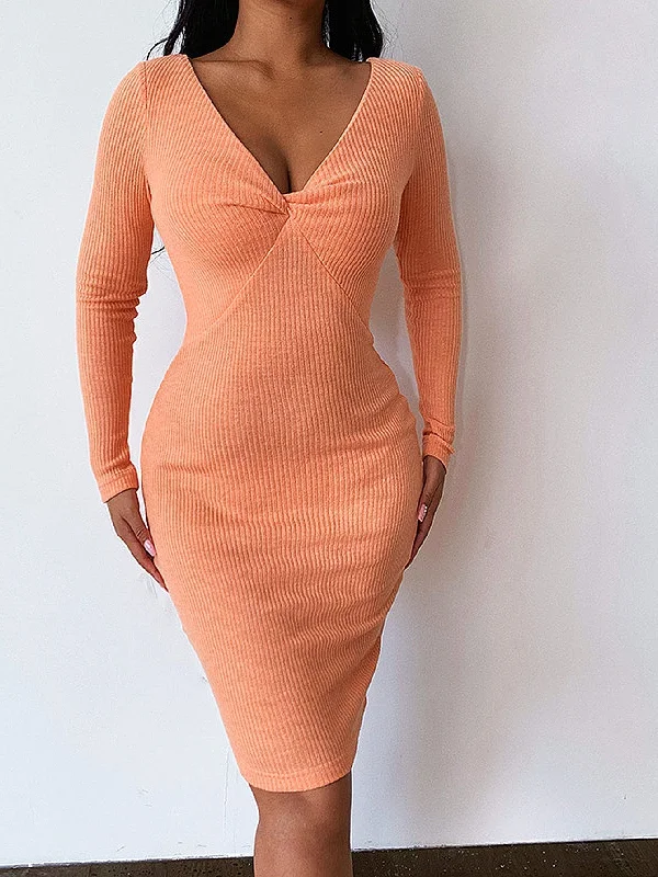 KittenAlarm - Women Deep V Neck Long Sleeve Bodycon Dress