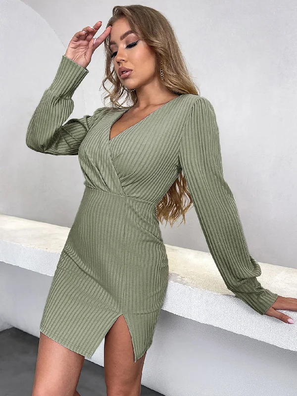 KittenAlarm - Ribbed Knit Surplice Neck Split Hem Bodycon Dress