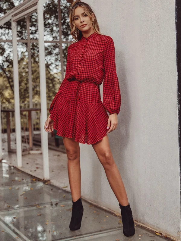 KittenAlarm - Checkerboard Plaid Stand Collar Dress