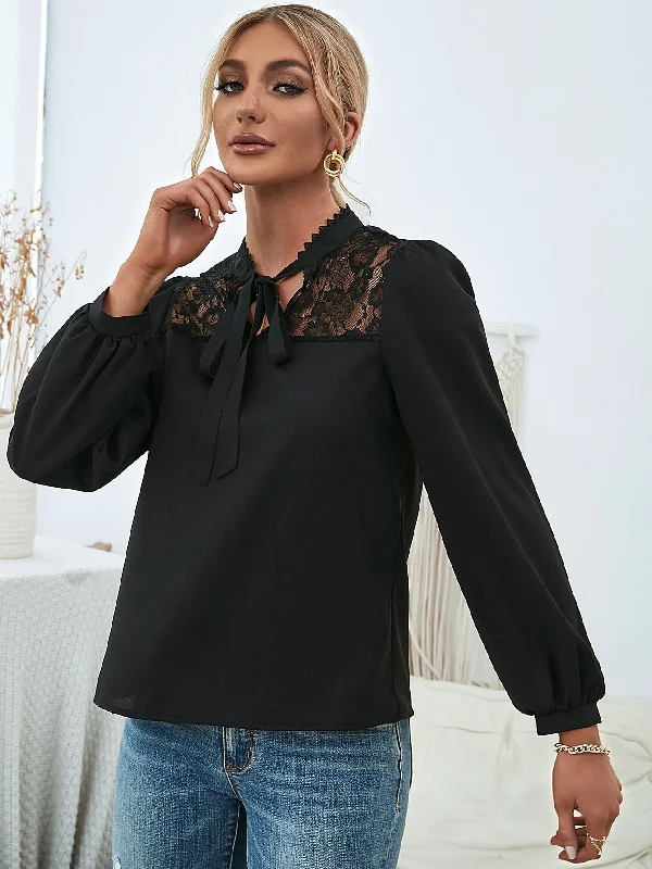 KittenAlarm - Tie Neck Lace Yoke Lantern Sleeve Top