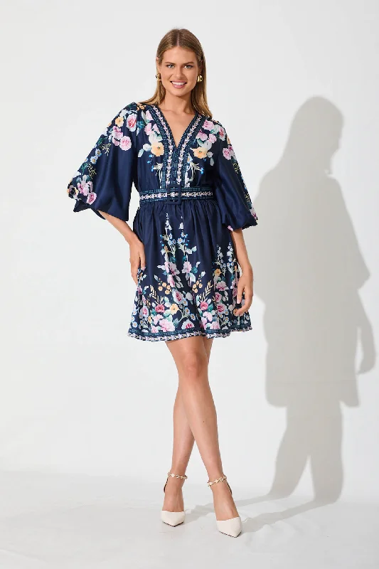 Amira Shirt Dress In Navy With Multi Floral