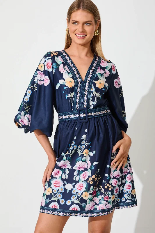 Amira Shirt Dress In Navy With Multi Floral