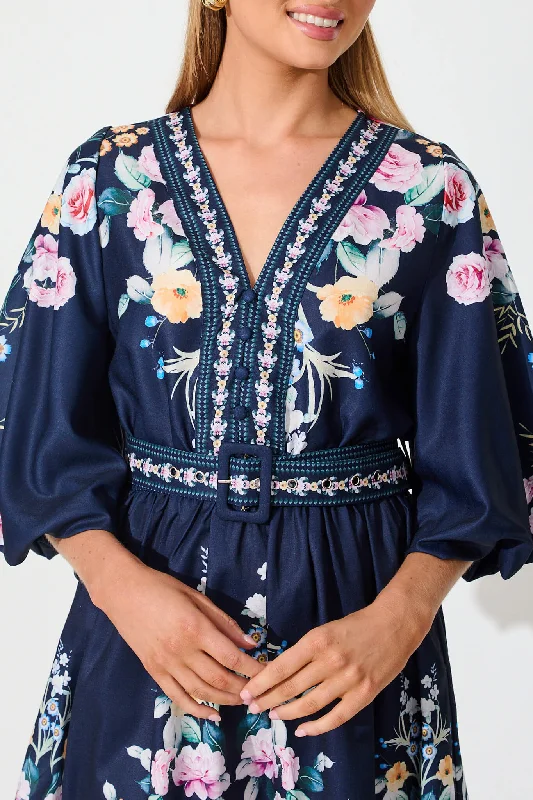 Amira Shirt Dress In Navy With Multi Floral