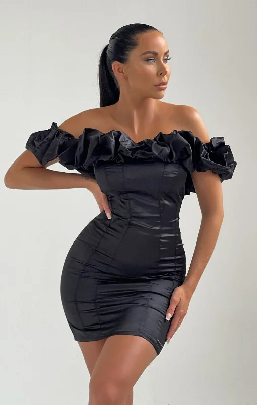 Black Satin Bardot Off The Shoulder Bodycon Mini Dress - Alisa