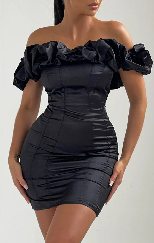 Black Satin Bardot Off The Shoulder Bodycon Mini Dress - Alisa