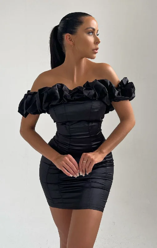 Black Satin Bardot Off The Shoulder Bodycon Mini Dress - Alisa