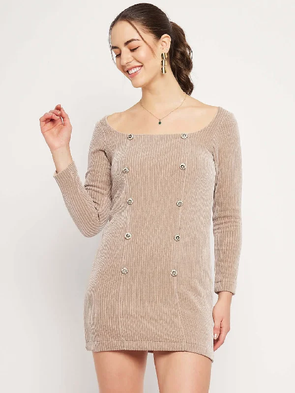 Camla Barcelona U-Neck Beige Corduroy Bodyon Dress