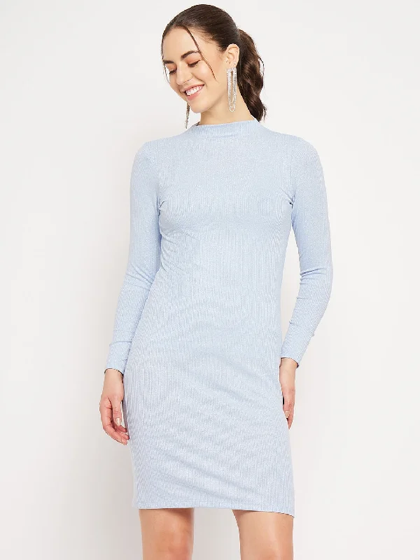 Camla Barcelona Mock Neck Powder Blue Ribbed Bodycon Dress