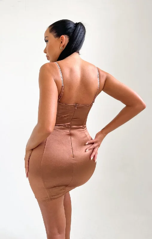 Chocolate Cross Over Satin Diamante Detail Strappy Mini Dress - Haleema