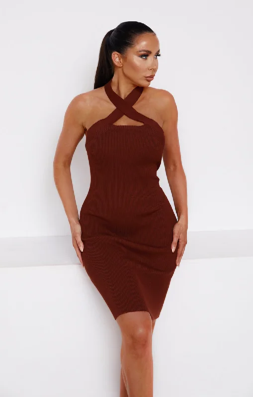 Chocolate Knitted Cut Out Crossover Halter Neck Bodycon Mini Dress - Elena