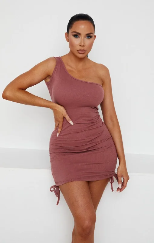 Chocolate Ribbed Ruched One Shoulder Bodycon Mini Dress - Vega